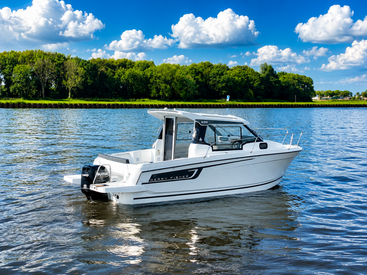 Jeanneau Merry Fisher 695 Serie 2. Dit schip is aanwezig op de Suzuki stand van hiswa te water 2026.